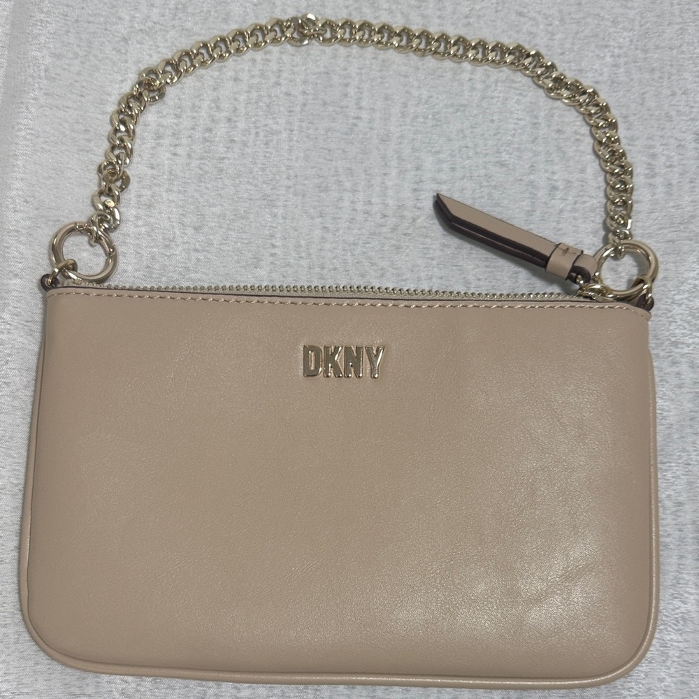 DKNY Beige Leather Clutch with Gold Chain